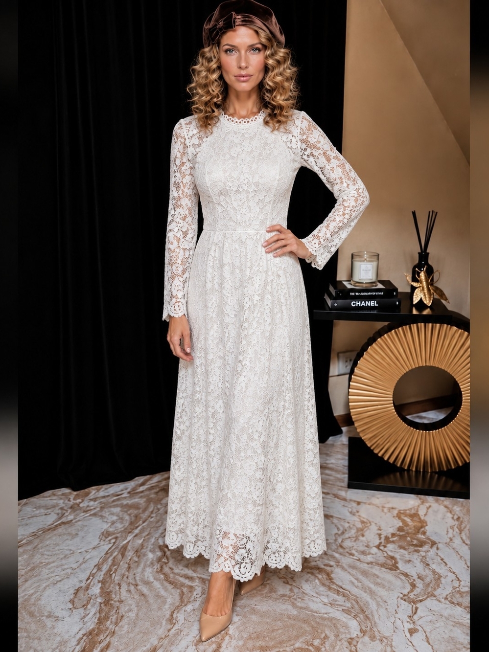 EILLYBAZAR White Floral Lace Maxi Dress Bridal Wedding Size S